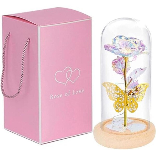 Glass Crystal Rose Flower Gifts, Led Artificial Butterfly Colorful Preserved Eternal Rose Forever In Glass Dome, Mother'S Day Christmas Valentine'S Day Birthday Wedding Gifts