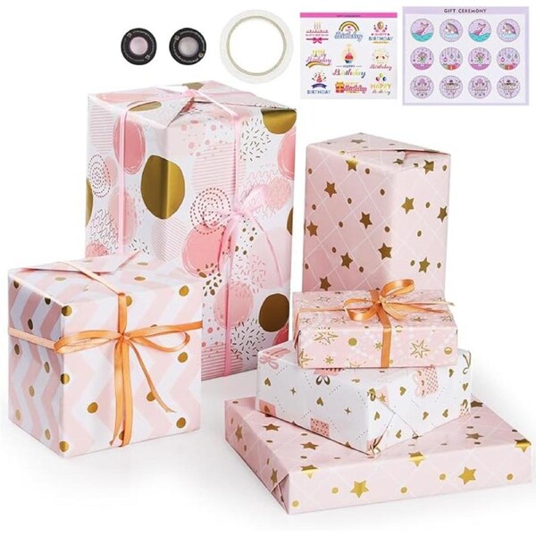 6 Sheets Gift Wrapping Paper Set Recycled 70 * 50Cm Floral Print Gift Decorative Paper For Christmas Birthday Valentine'S Day Mother'S Day Holiday, With Ribbons Stickers And Tape
