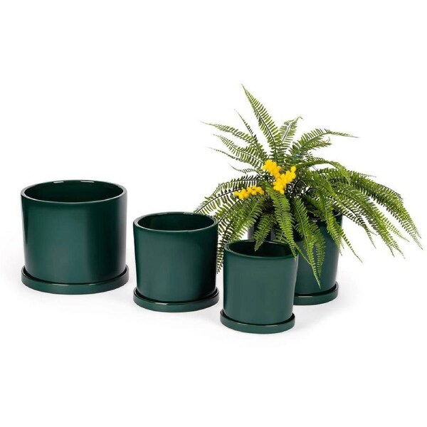 Cylindrical Planter Pots with Saucers - Green - set of 4 - Alfresco Gardenware