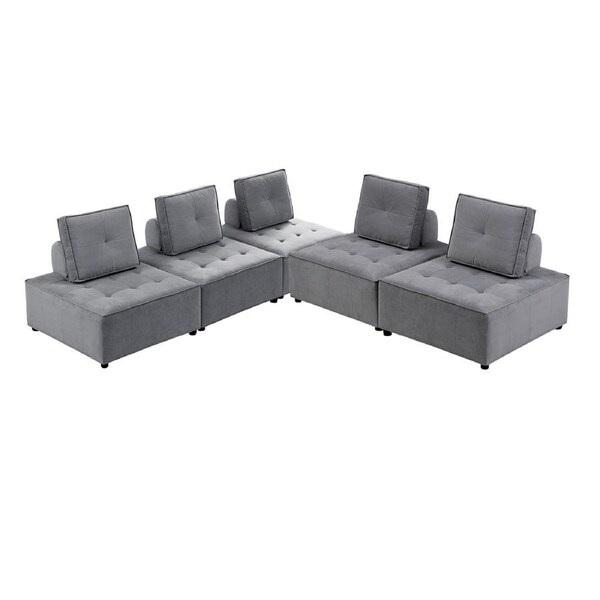Foret 5pc Armless Seat Modular Extension Ottoman Couch Velvet Sofa Light Grey