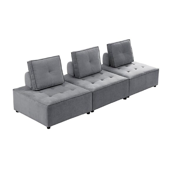Foret 3pc Armless Seat Modular Extension Lounge Couch Velvet Sofa Light Grey
