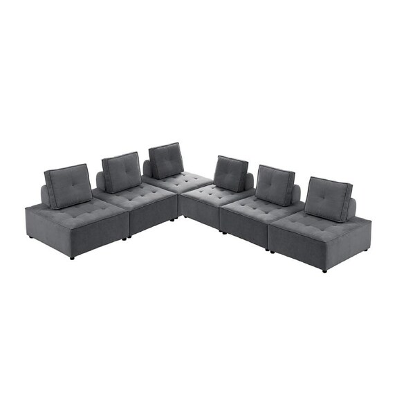 Foret 6pc Armless Seat Modular Extension Ottoman Couch Velvet Sofa Dark Grey
