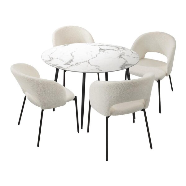 Oikiture 110cm Round Dining Table with 4PCS Dining Chairs Sherpa White