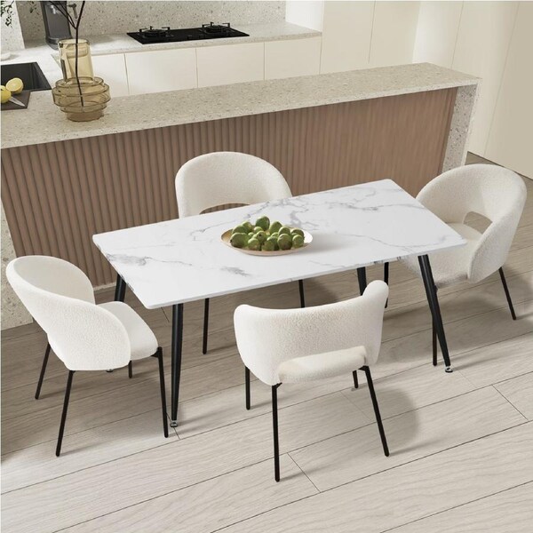 Oikiture 120cm Rectangle Dining Table with 4PCS Dining Chairs Sherpa White