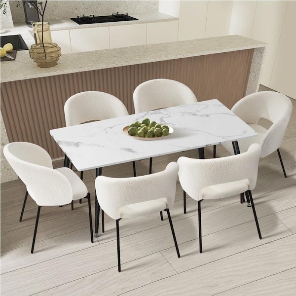 Oikiture 120cm Rectangle Dining Table with 6PCS Dining Chairs Sherpa White