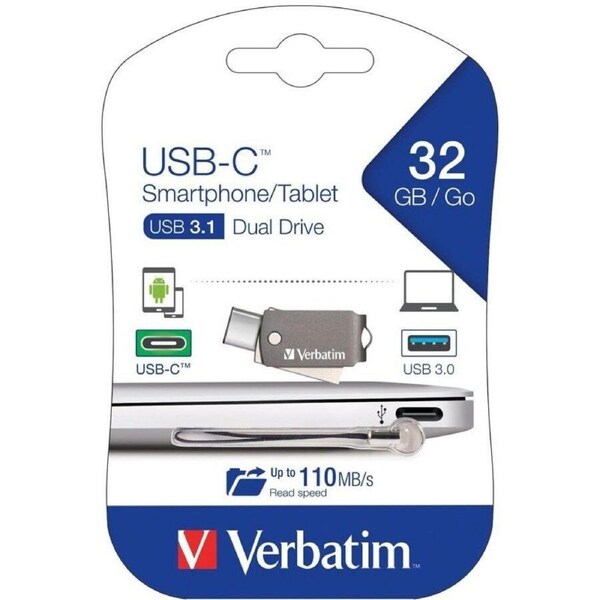 Verbatim 32 GB USB 3.1 Type C, USB 3.0 Flash Drive - Metallic Grey - 110 MB/s Read Speed - 20 MB/s Write Speed - Lifetime Warranty