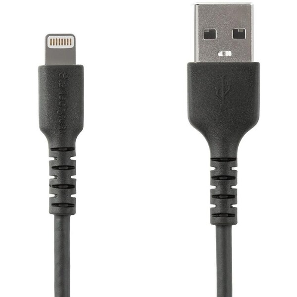 StarTech.com 6 foot/2m Durable Black USB-A to Lightning Cable, Rugged Heavy Duty Charging/Sync Cable for Apple iPhone/iPad MFi Certified - First End: