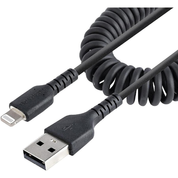 StarTech.com 50cm/20in USB to Lightning Cable, MFi Certified, Coiled iPhone Charger Cable, Black, Durable TPE Jacket Aramid Fibe
