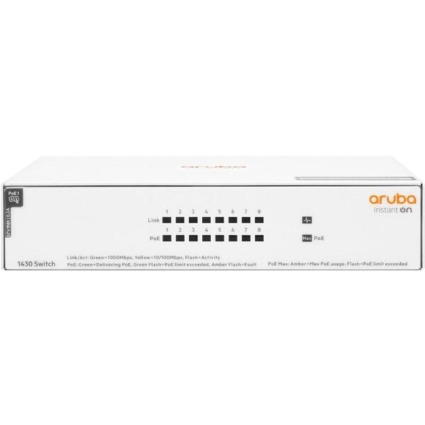 Aruba Instant On 1430 8 Ports Ethernet Switch - Gigabit Ethernet - 100Base-TX, 10/100/1000Base-T - 2 Layer Supported - 90 W Powe