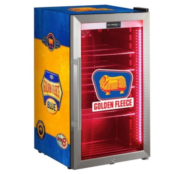 Golden Fleece Schmick Vintage Fuel Pump Triple Glazed Alfresco 98 Litre Bar Fridge With LED Strip Lights