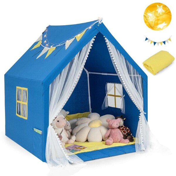 Costway Play TentCastle Playhouse Indoor Toys Girls Boys Gifts w/Star Lights & Cotton Mat Blue