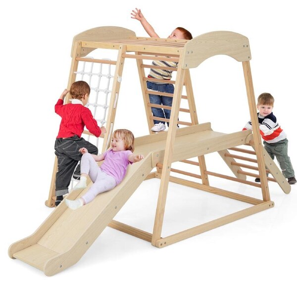 Costway Climb Playset 6-in-1 Jungle Gym Play Center Wooden Playground Set Indoor w/Slide Climbing Net Ladder