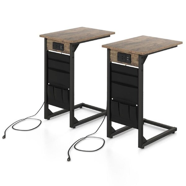 Giantex 2x C Shaped End Table Sofa Side Table w/Charging Station Metal Frame Bedside Storage Table Rustic Brown