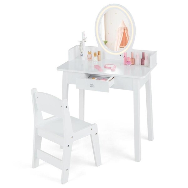 Giantex Kids Vanity Set Makeup Beauty Dressing Table w/Mirror & Chair Princess Vanity Table Pretend Playset