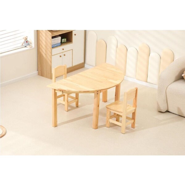 120x60cm Semi Circle Timber Pinewood Wooden Kids Table Activity Study Desk & 2 Wooden Chairs Set