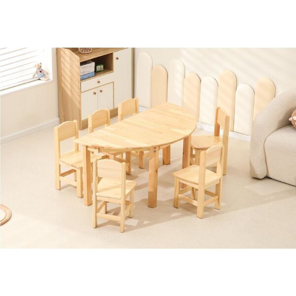 120x60cm Semi Circle Timber Pinewood Wooden Kids Table Activity Study Desk & 6 Wooden Chairs Set