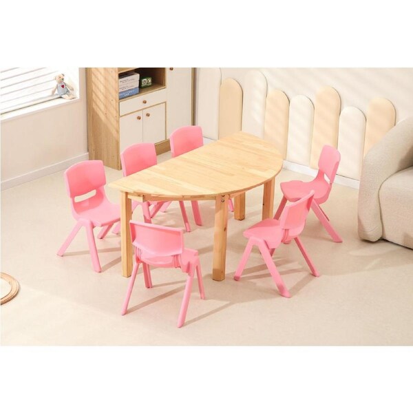 120x60cm Semi Circle Timber Pinewood Wooden Kids Table Activity Study Desk & 6 Pink Chairs Set