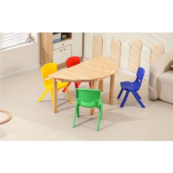 120x60cm Semi Circle Timber Pinewood Wooden Kids Table Activity Study Desk & 4 Mixed Colour Chairs Set