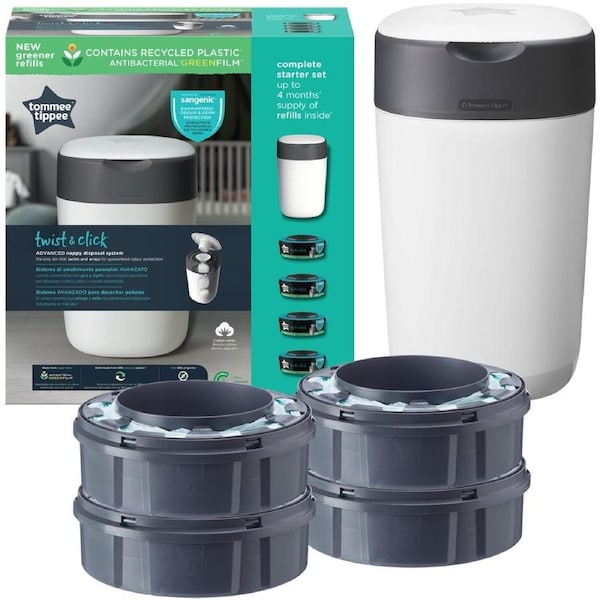 Tommee Tippee Twist and Click Advanced Nappy Disposal Bin Starter Set 4 Pack
