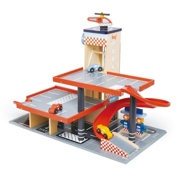 Tender Leaf Toys 67cm Blue Bird Service Station Car Park Wooden Toy Set Kids 3y+