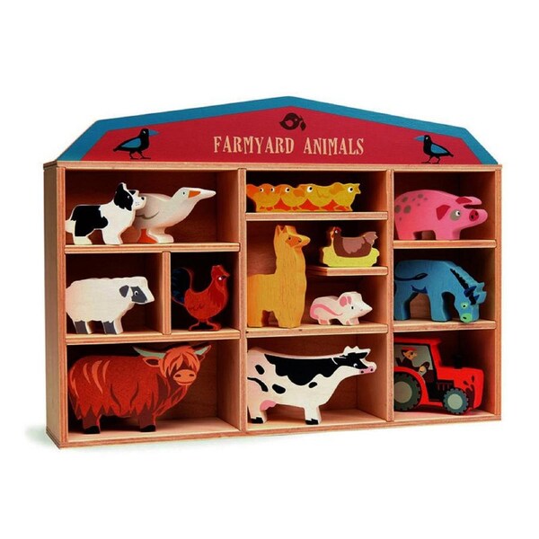 13pc Tender Leaf Toys 36cm Farmyard Animal Wood Toy Set w/Display Shelf Kids 3y+