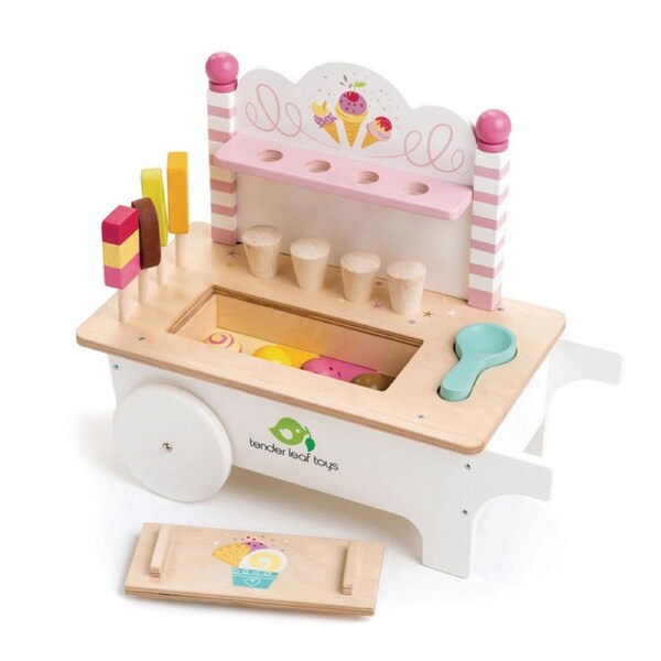 Tender Leaf Toys 37.5cm Push Along Ice Cream Cart Wood Toy Role-Play Set Kids 3+