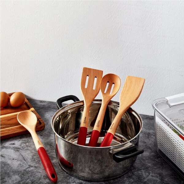 Gourmet Kitchen 4 Piece Rustic Beech Wood Kitchen Utensil Set with Silicone Grip Red
