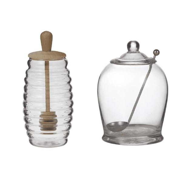 Davis & Waddell Glass Honey Jar With Dipper Lid and Olive Jar with Spoon
