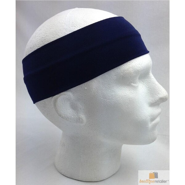 PLAIN HEADBAND Elastic Stretch Sports Yoga Hair Band Unisex 8cm Wide Wrap Navy Blue