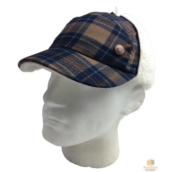 KANGOL Plaid Supre Ushanka Sherpa Chullo Lined Hat Warm Winter Ear Trapper Flying Navy/Khaki / L/XL