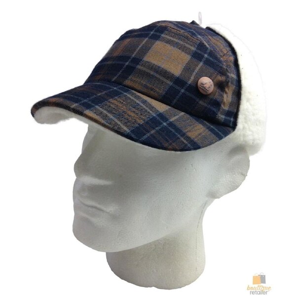KANGOL Plaid Supre Ushanka Sherpa Chullo Lined Hat Warm Winter Ear Trapper Flying Navy/Khaki / S/M