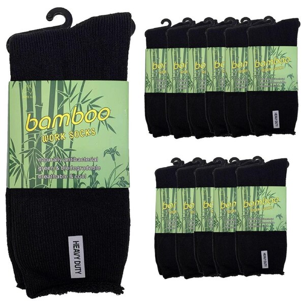 12 Pairs PREMIUM BAMBOO SOCKS Mens Heavy Duty Thick Work Socks Cushion BULK Black / 11-14