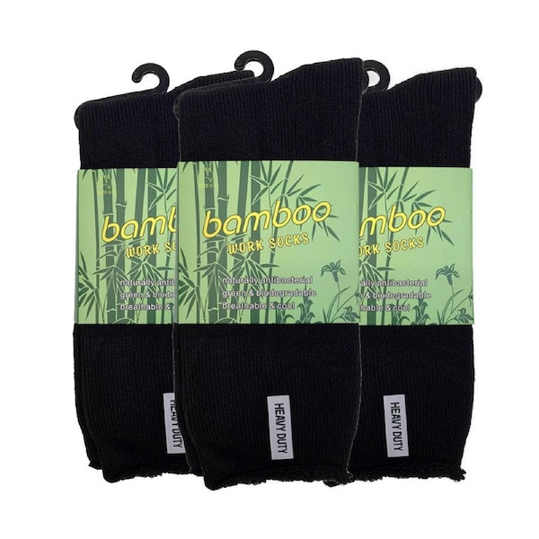 3 Pairs PREMIUM BAMBOO SOCKS Mens Heavy Duty Thick Work Socks Cushion BULK Black / 11-14