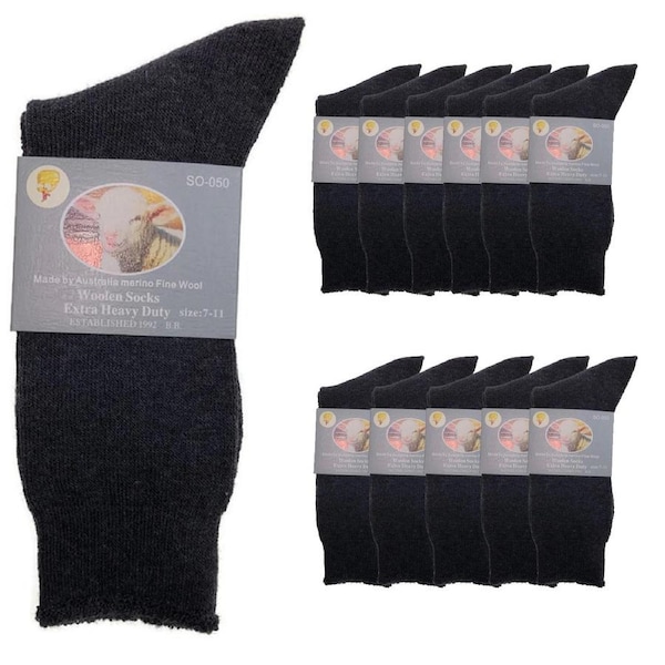 12 Pairs Merino Wool Blend Woolen Work Socks Hiking Heavy Duty Warm Thermal BULK Charcoal / 7-11