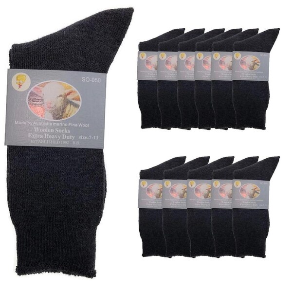 12 Pairs Merino Wool Blend Woolen Work Socks Hiking Heavy Duty Warm Thermal BULK Charcoal / 11-14