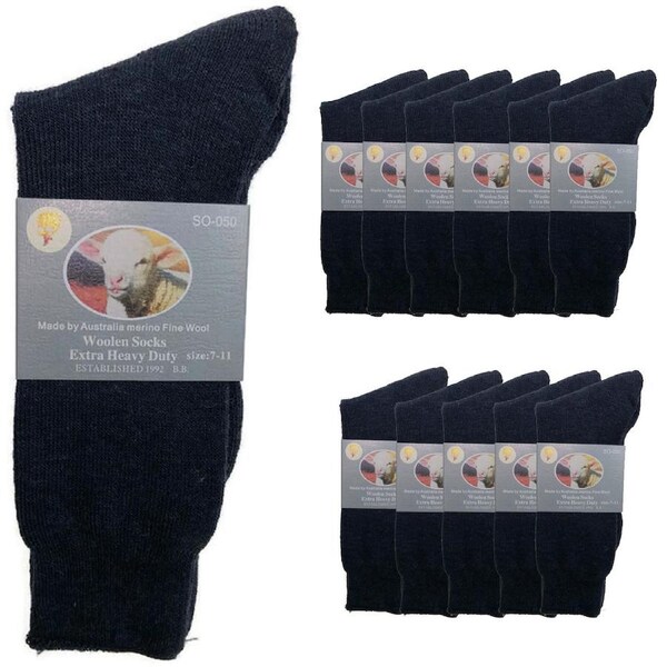 12 Pairs Merino Wool Blend Woolen Work Socks Hiking Heavy Duty Warm Thermal BULK Navy / 7-11