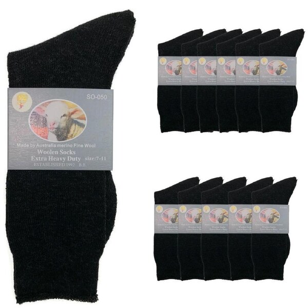 12 Pairs Merino Wool Blend Woolen Work Socks Hiking Heavy Duty Warm Thermal BULK Black / 7-11