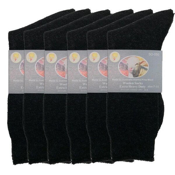 6 Pairs Merino Wool Blend Woolen Work Socks Hiking Heavy Duty Warm Thermal Bulk Black / 7-11