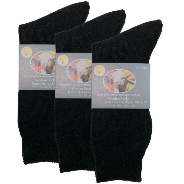 3 Pairs Merino Wool Blend Woolen Work Socks Hiking Heavy Duty Warm Thermal Black / 7-11