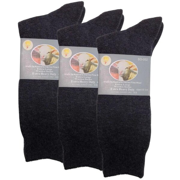 3 Pairs Merino Wool Blend Woolen Work Socks Hiking Heavy Duty Warm Thermal Charcoal / 11-14