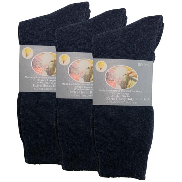 3 Pairs Merino Wool Blend Woolen Work Socks Hiking Heavy Duty Warm Thermal Navy / 11-14