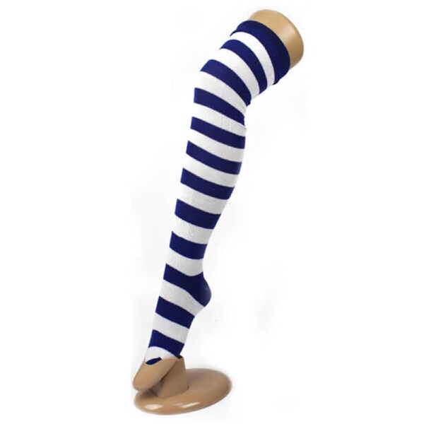 10x OVER THE KNEE SOCKS Plain Striped High Thigh Ladies Long Stocking BULK Price Blue/White / One Size Fits Most