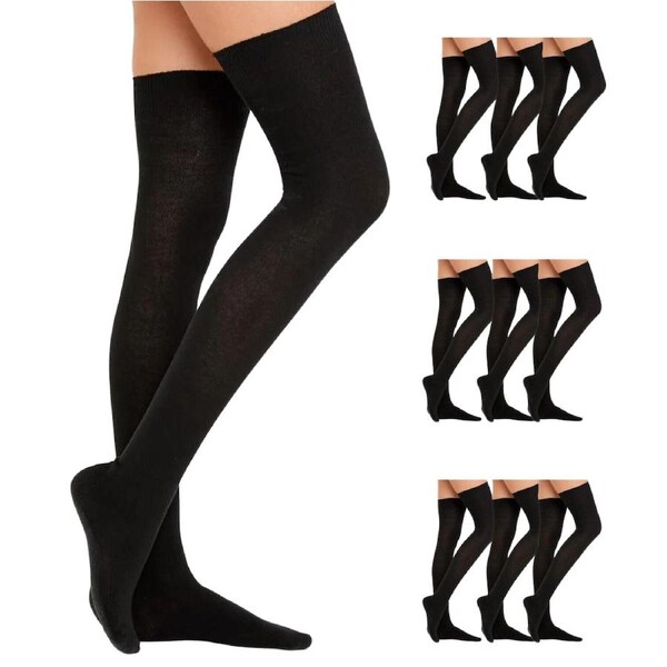 10x OVER THE KNEE SOCKS Plain Striped High Thigh Ladies Long Stocking BULK Price Black / One Size Fits Most