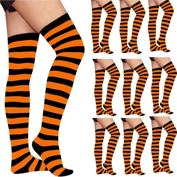 10x OVER THE KNEE SOCKS Plain Striped High Thigh Ladies Long Stocking BULK Price Orange/Black Stripe / One Size Fits Most