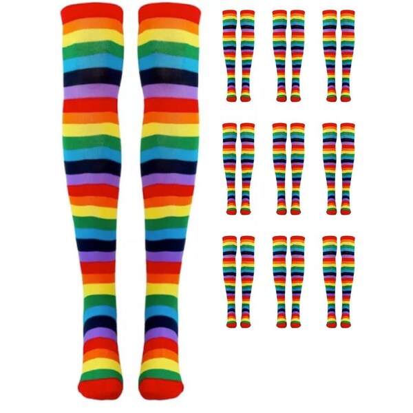10x OVER THE KNEE SOCKS Plain Striped High Thigh Ladies Long Stocking BULK Price Pink Rainbow / One Size Fits Most