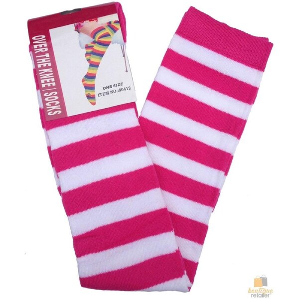 10x OVER THE KNEE SOCKS Plain Striped High Thigh Ladies Long Stocking BULK Price Pink/White Stripe / One Size Fits Most