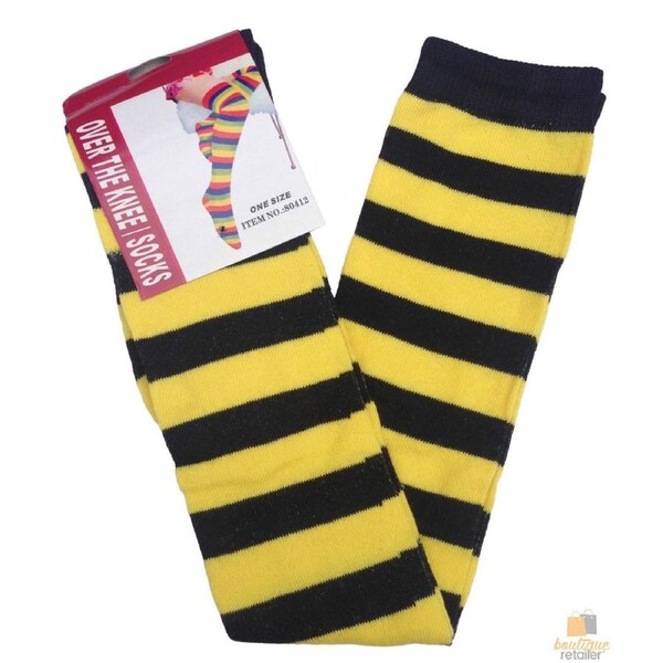 10x OVER THE KNEE SOCKS Plain Striped High Thigh Ladies Long Stocking BULK Price Yellow/Black Stripe / One Size Fits Most