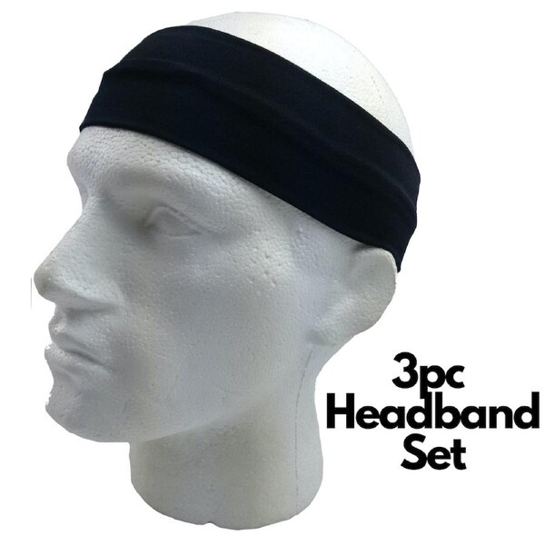 3pc Set Plain Headband Elastic Stretch Sports Yoga Hair Band Unisex Wide Wrap Black / One-Size