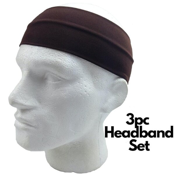 3pc Set Plain Headband Elastic Stretch Sports Yoga Hair Band Unisex Wide Wrap Brown / One-Size