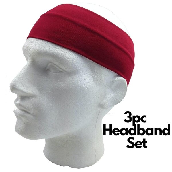 3pc Set Plain Headband Elastic Stretch Sports Yoga Hair Band Unisex Wide Wrap Burgundy / One-Size
